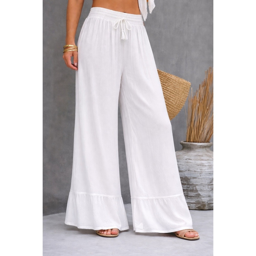 Salty Lemon Wide Leg White Gauze Palazzo Pants Women L Boho Beach Ruffle Hem NWT